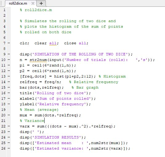Modify the program rol12dice.m to simulate the sum of three dice. Remember