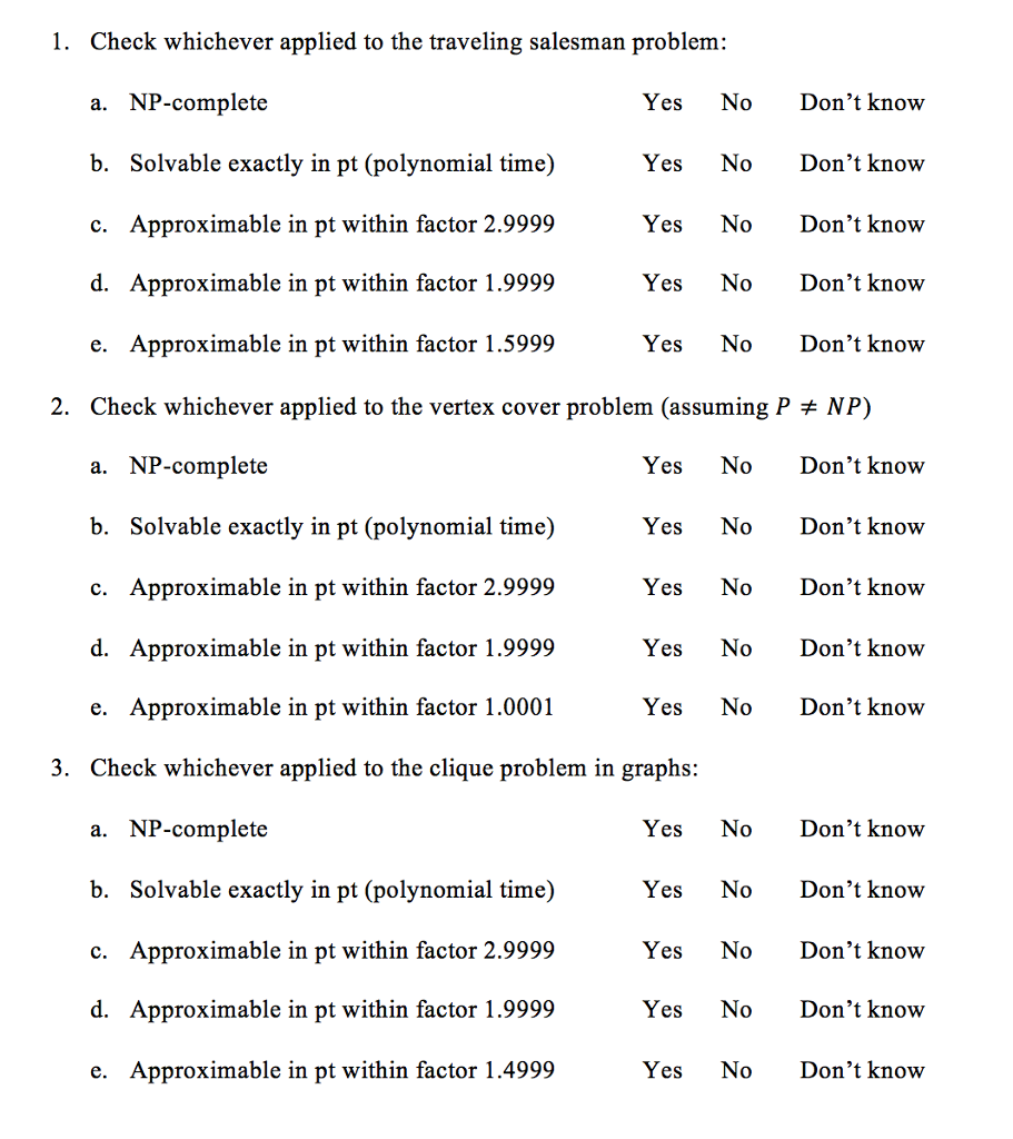 Algorithm. Check one answer per question: Yes, no, or don't know. Check