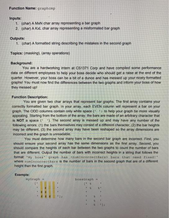  Solve in matlab Function Name: graphcmp Inputs: 1. (char) A MxN