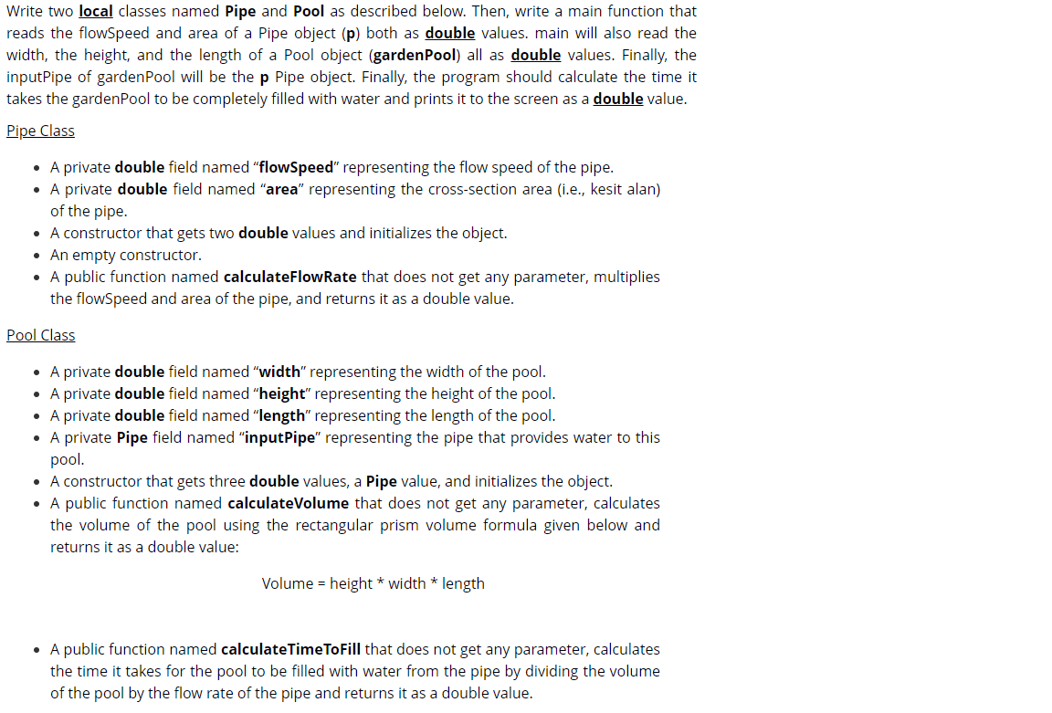 write in C++ Write two local classes named Pipe and Pool as