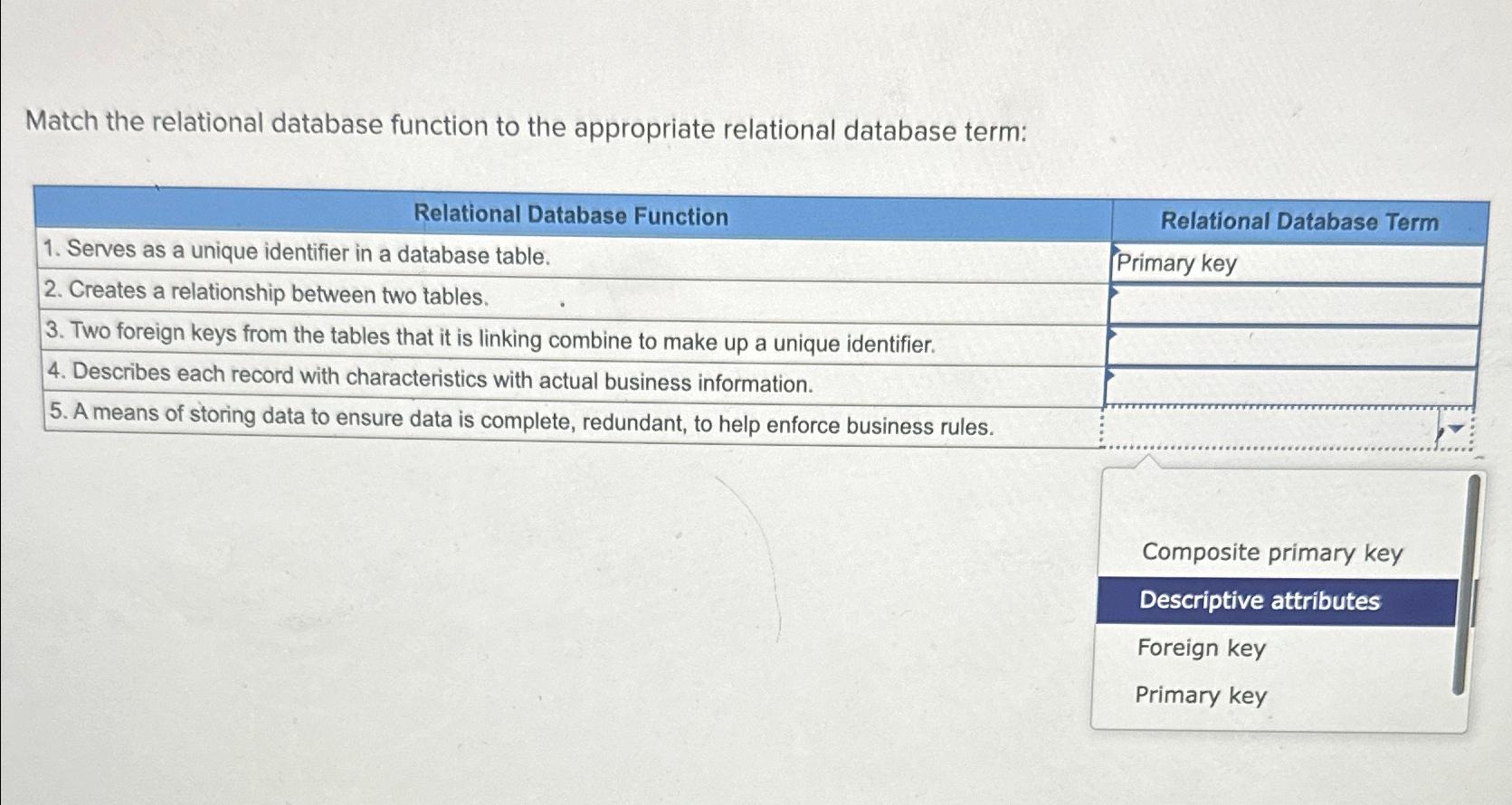  Match the relational database function to the appropriate relational database term: