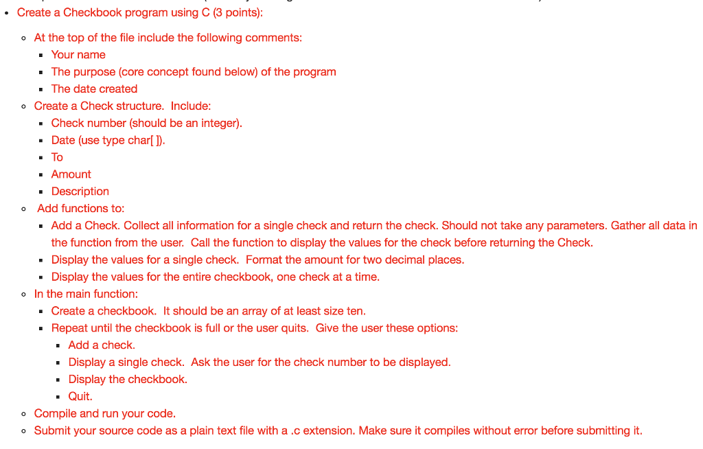  Create a Checkbook program using C (3 points): At the top