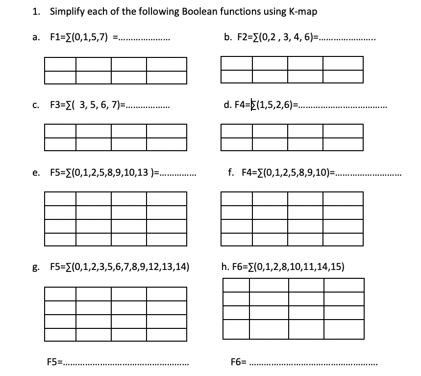 1. Simplify each of the following Boolean functions using K-map a.