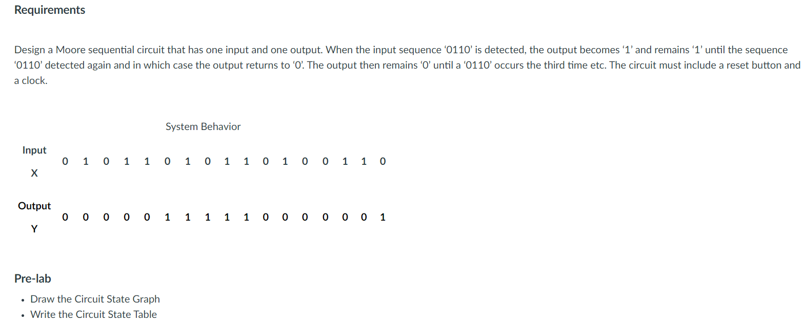  Requirements Design a Moore sequential circuit that has one input and