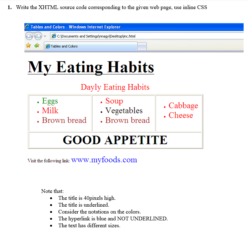  1. Write the XHTML source code corresponding to the given web