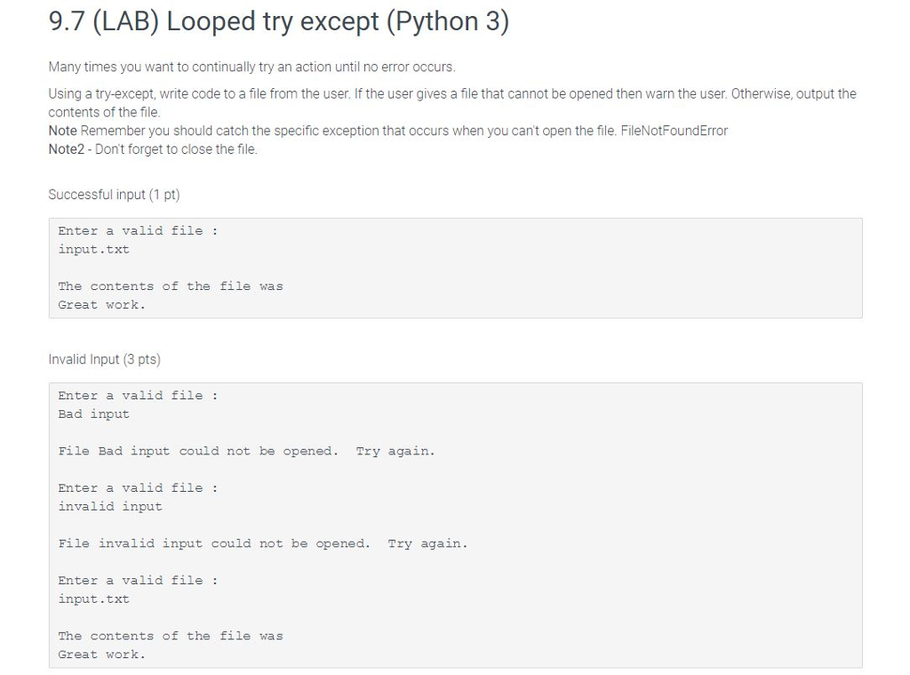 Must be coded in Python 3. 9.7 (LAB) Looped try except (Python