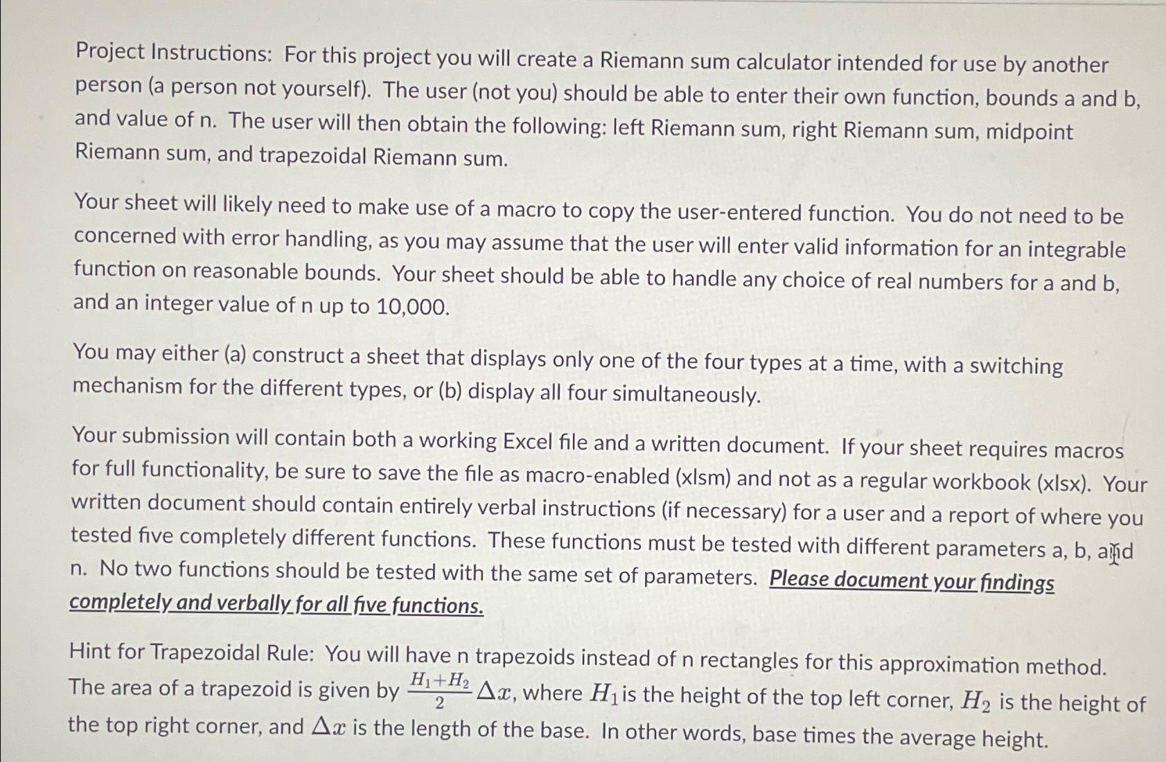  Project Instructions: For this project you will create a Riemann sum