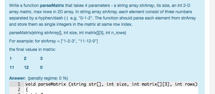 Write a function parseMatrix that takes 4 parameters - a string array