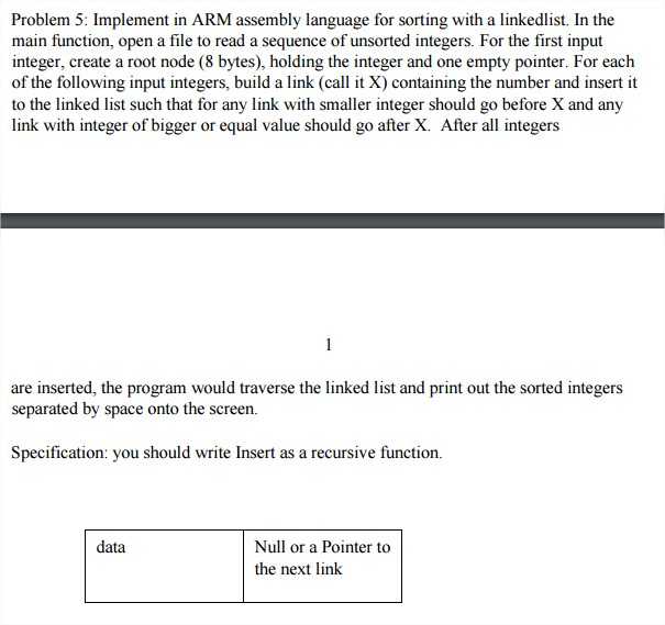  Implement in ARM assembly language for sorting with a linkedlist. In