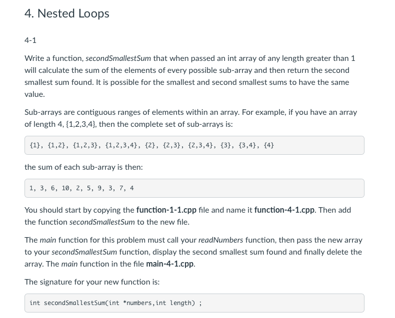C C++ question using nested loop and return the second smallest sum