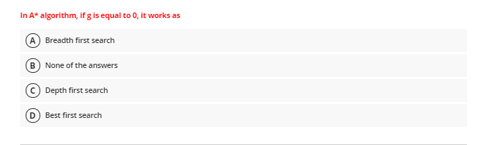  In A* algorithm, if g is equal to 0, it works