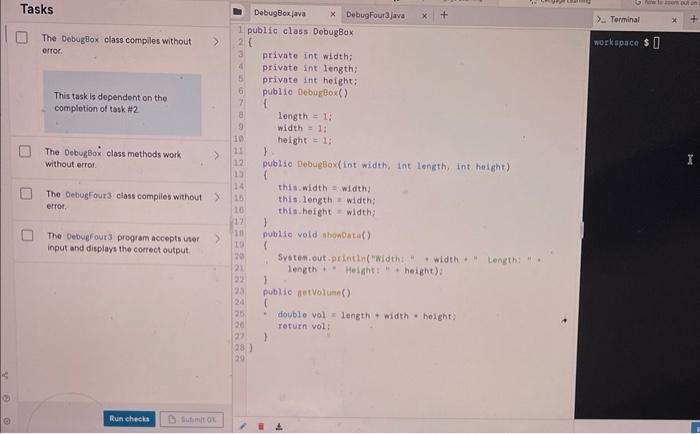 Java Debugging Tasks The Debugglox class compiles without 1 DebugBoxiava Debuge 1