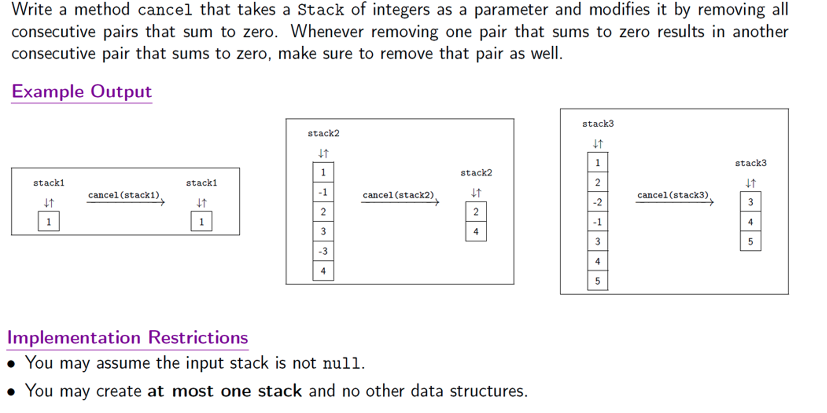  Write a method cancel that takes a Stack of integers as