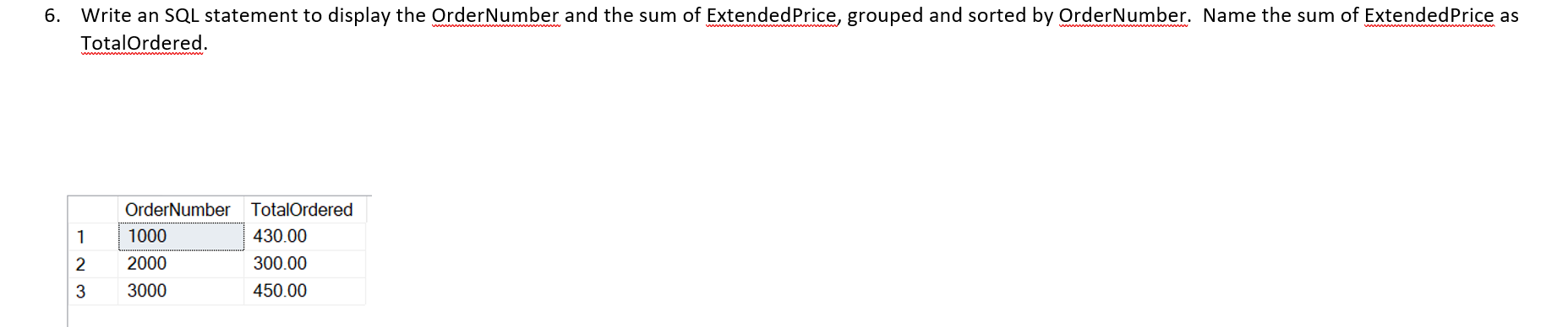  6. Write an SQL statement to display the Order Number and