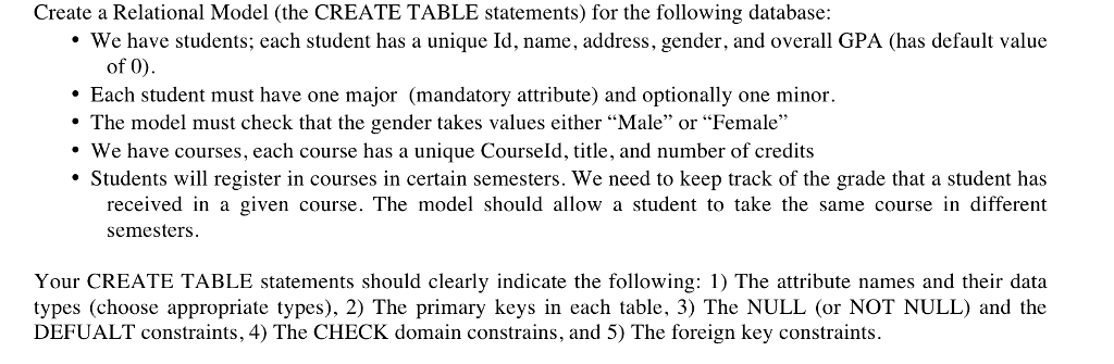  Create a Relational Model (the CREATE TABLE statements) for the following