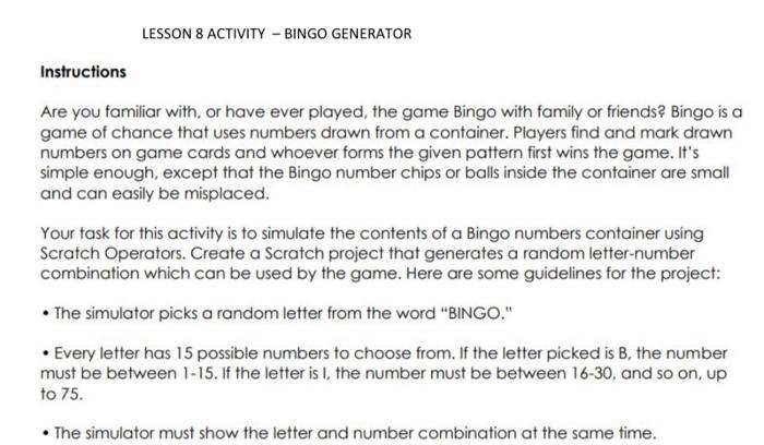 computer LESSON 8 ACTIVITY - BINGO GENERATOR Instructions Are you familiar with,