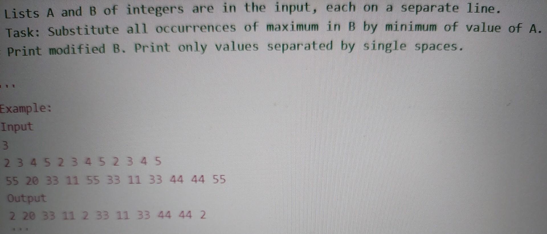  Help me code this in python. Lists A and B of