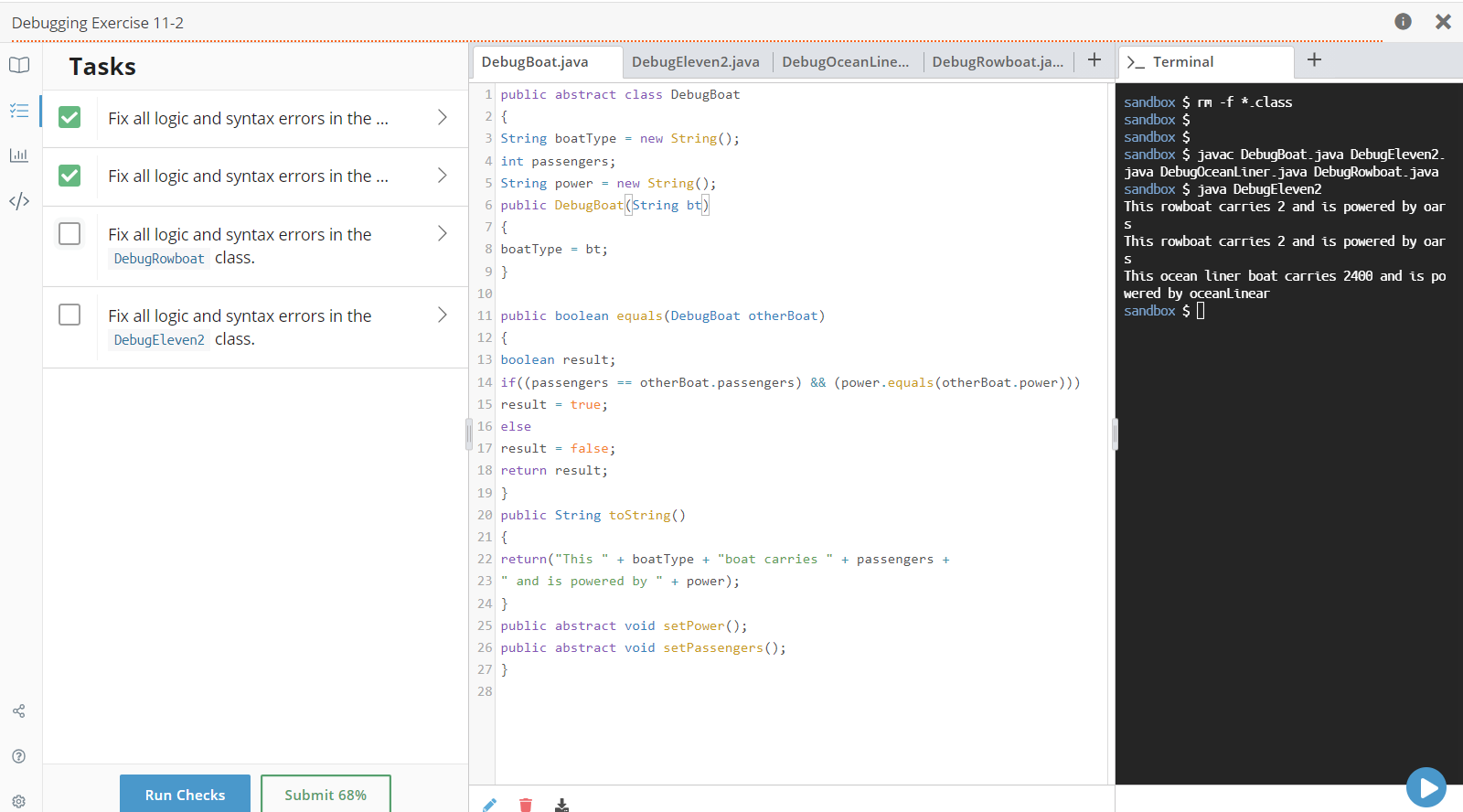 Debug Java I've gotten the code to run; But in Cengage it