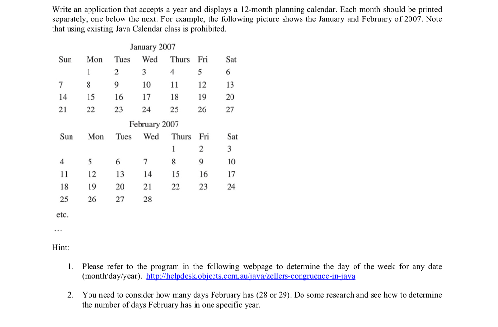  Write an application that accepts a year and displays a 12-month