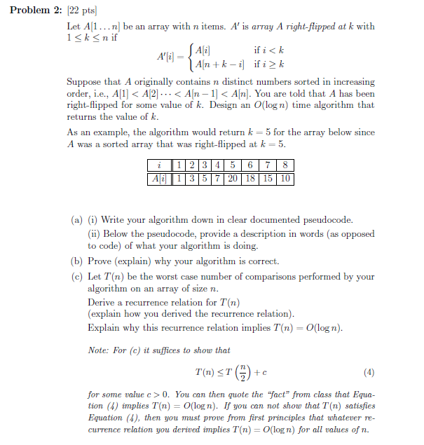 Problem 2: 22 pts) Let A[1...n be an array with n