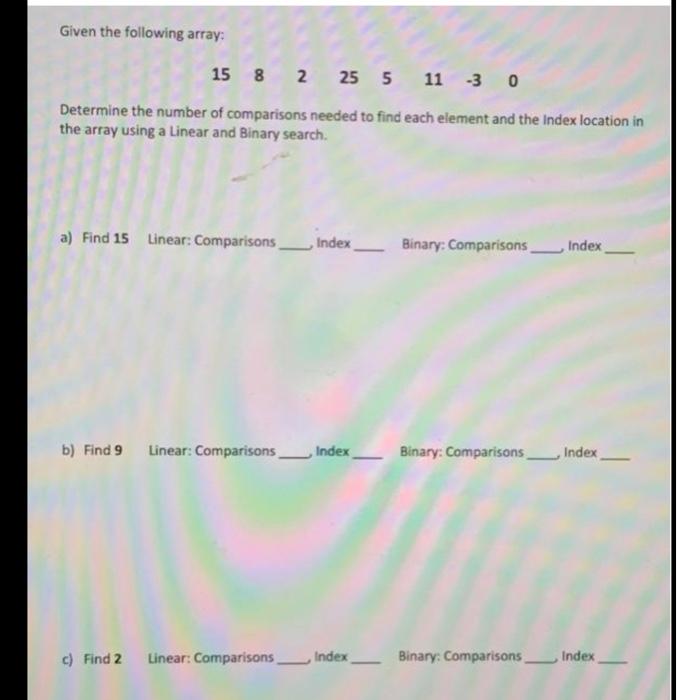  Given the following array: 15 8 2 25 5 11 -3