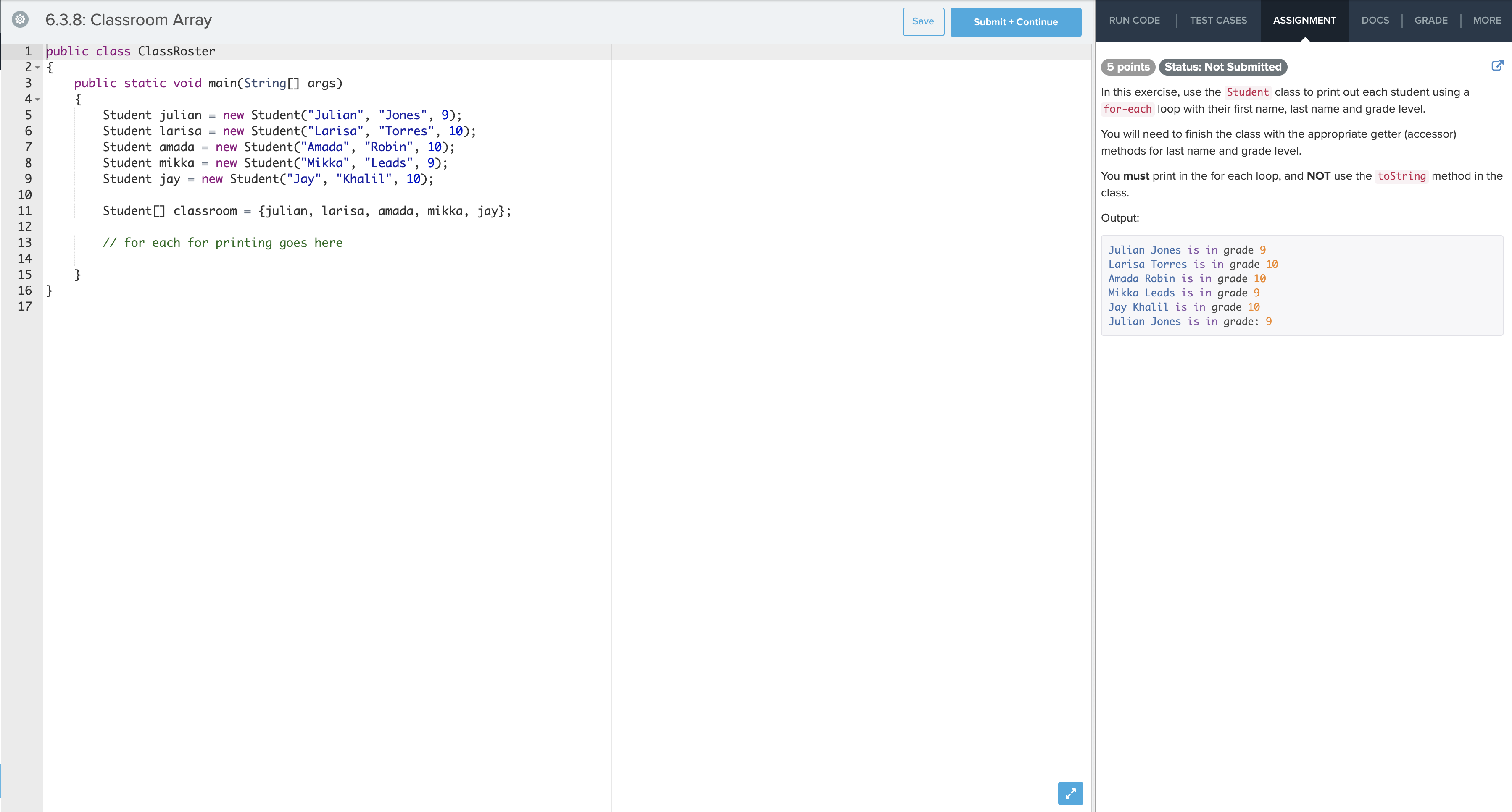 on the right-hand side, please make sure the Java code you post