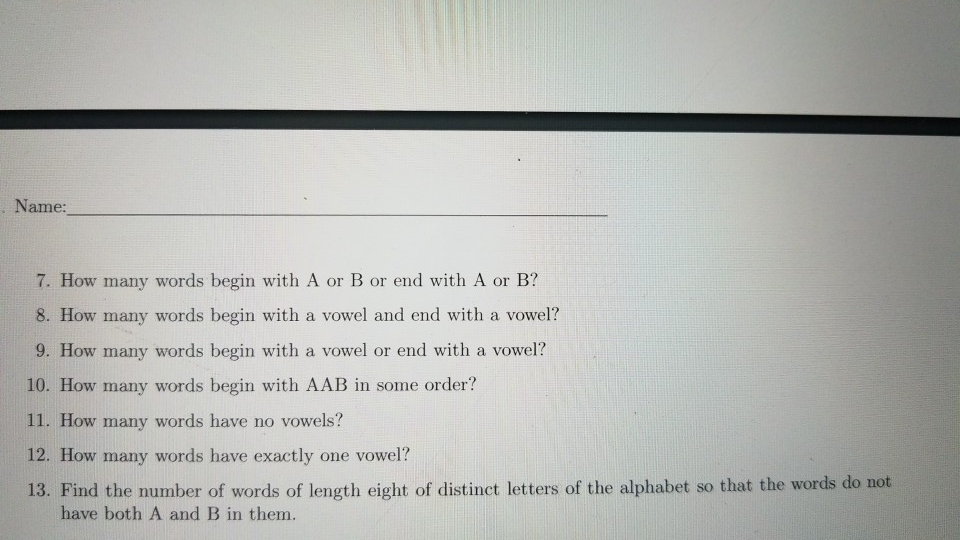 same question 2nd part Name: 7. How many words begin with