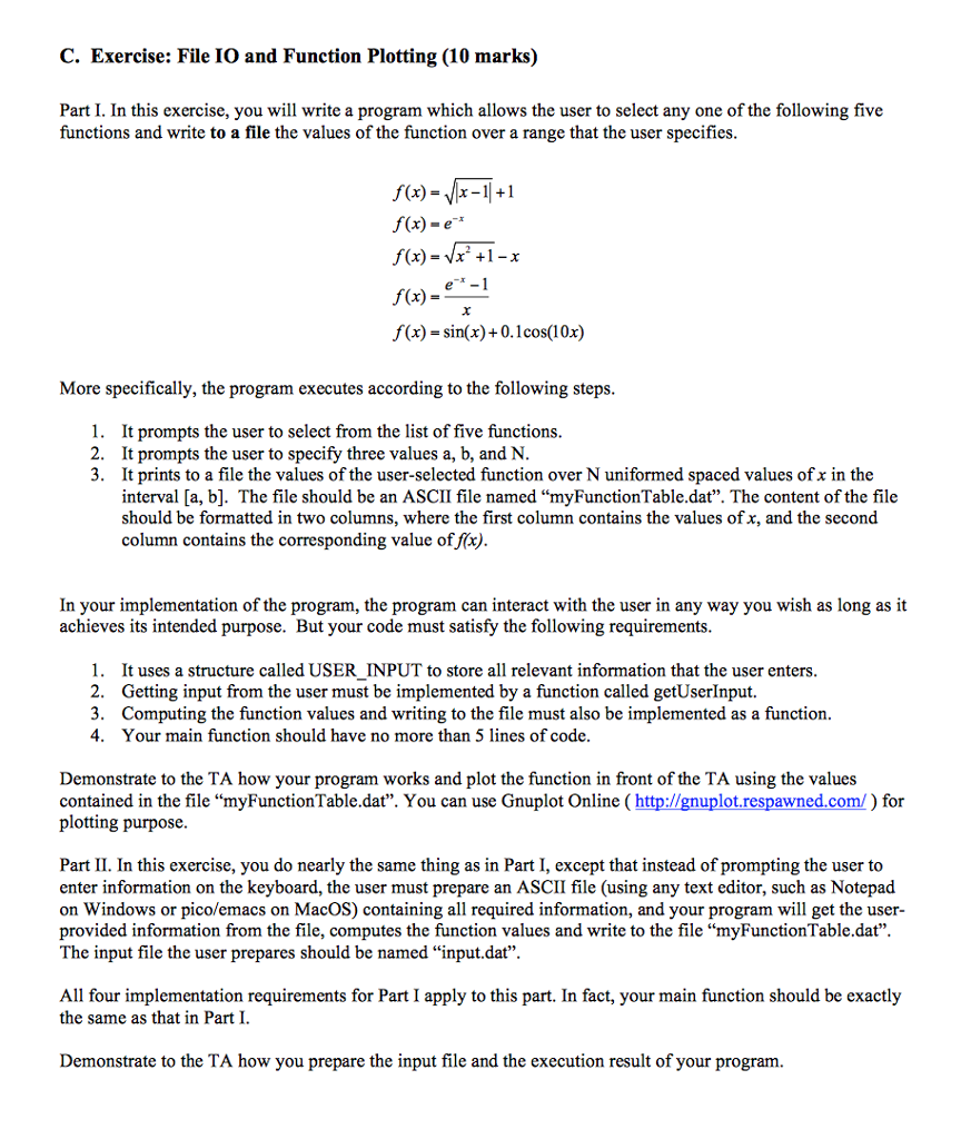 in c programming, appreciate C. Exercise: File IO and Function Plotting (10