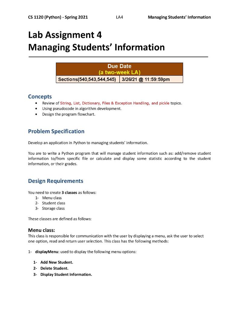  CS 1120 (Python) - Spring 2021 LA4 Managing Students' Information Lab