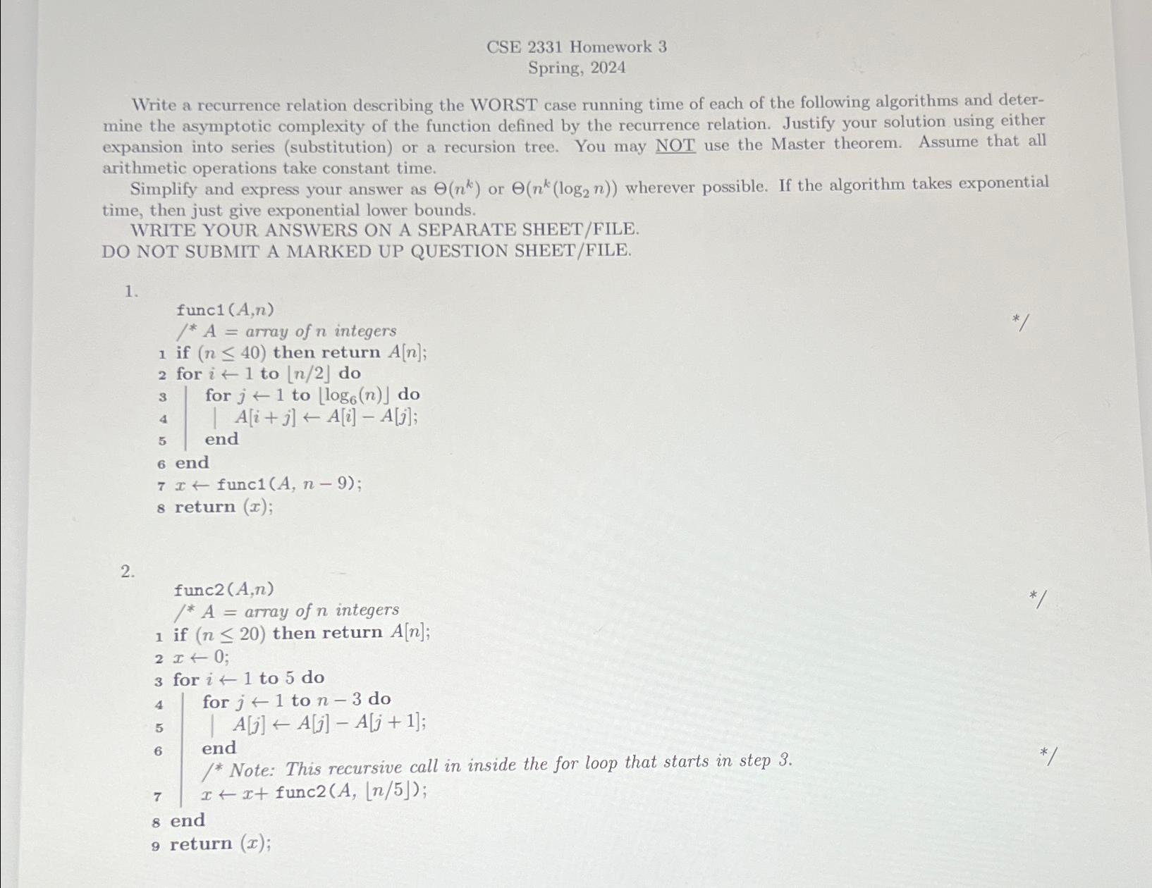  CSE 2331 Homework 3 Spring, 2024 Write a recurrence relation describing