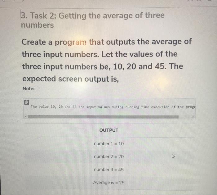  3. Task 2: Getting the average of three numbers Create a