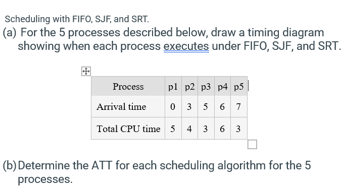  Scheduling with FIFO, SJF, and SRT. (a) For the 5 processes