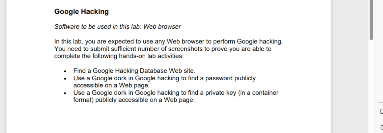 Google Hacking Software to be used in this lab: Web browser