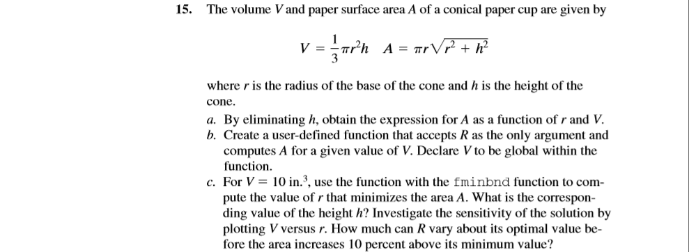 USING MATLAB USING MATLAB The volume V and paper surface area A