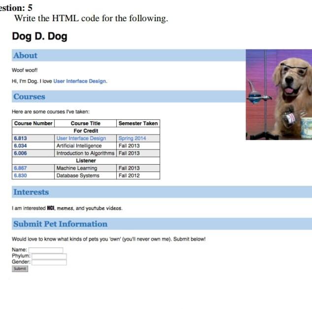  estion: 5 Write the HTML code for the following. Dog D.