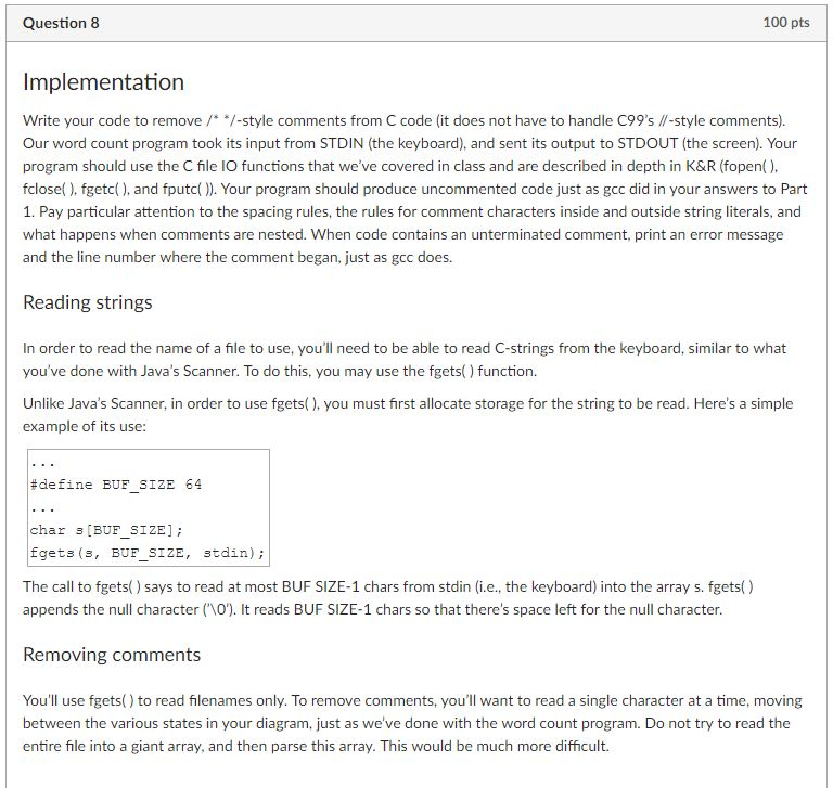  Question 8 100 pts Implementation Write your code to remove /-style