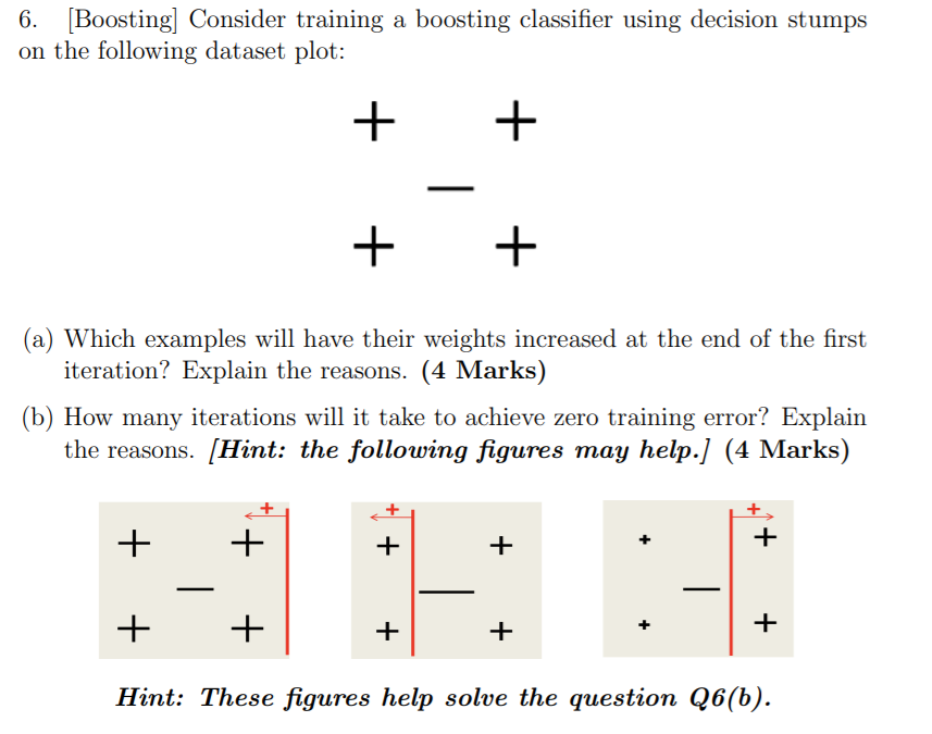  6. (Boosting] Consider training a boosting classifier using decision stumps on