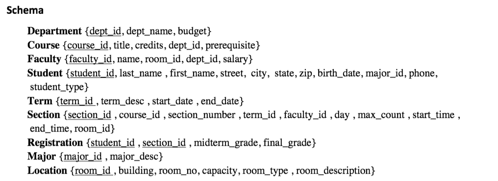  Schema Department (dept id, dept name, budget) Course (course_id, title, credits,