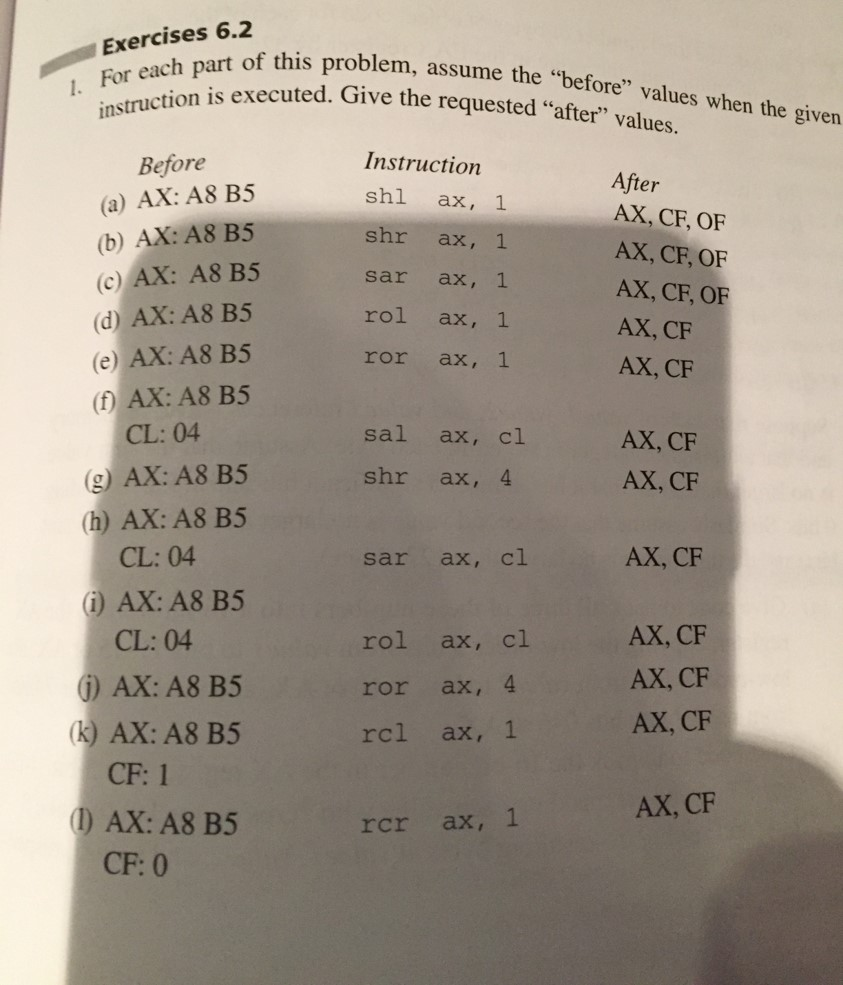 Assembly 80x86 Problem 1 (a through L) For each part of this
