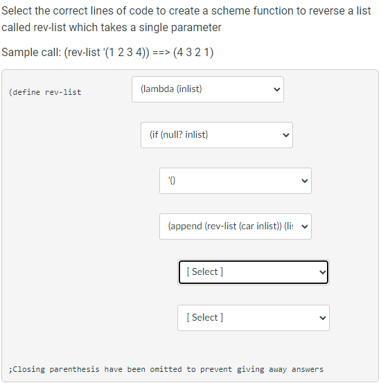  Select the correct lines of code to create a scheme function