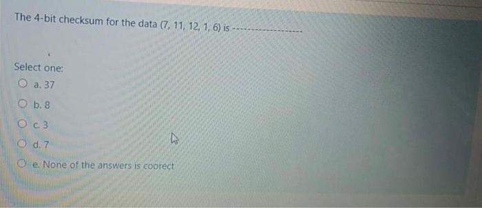 data communication The 4-bit checksum for the data (7, 11, 12, 1,6)