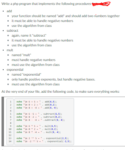  Write a php program that implements the following procedures add your
