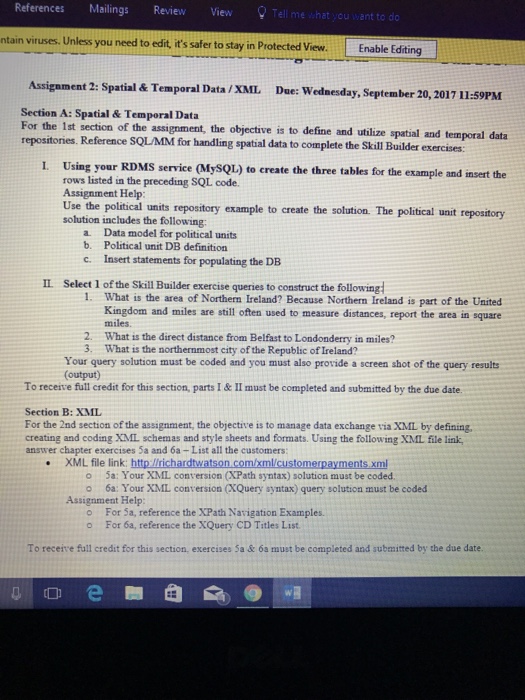  Assignment 2: Spatial &Temporal Data/XML Due: Wednesday, September 20, 2017 11: