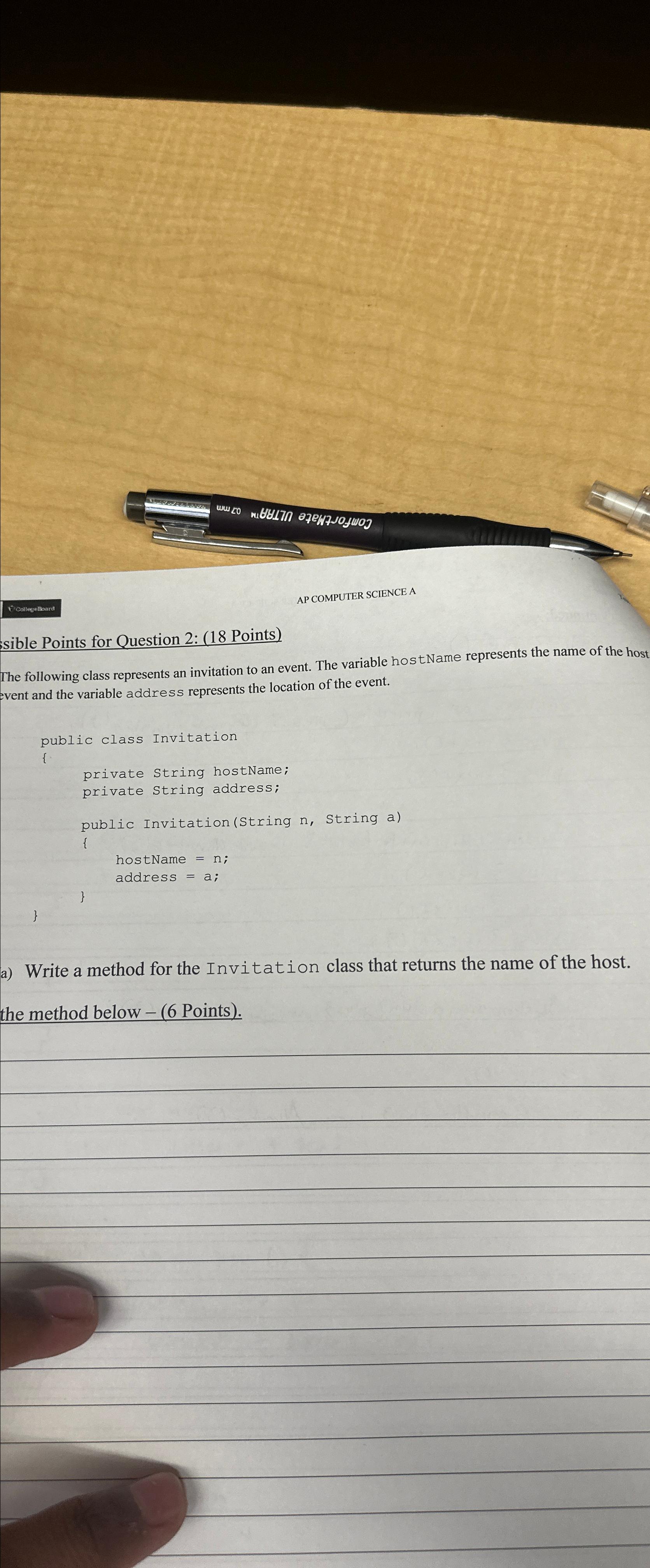  AP COMPUTER SCIENCE A sible Points for Question 2: (18 Points)