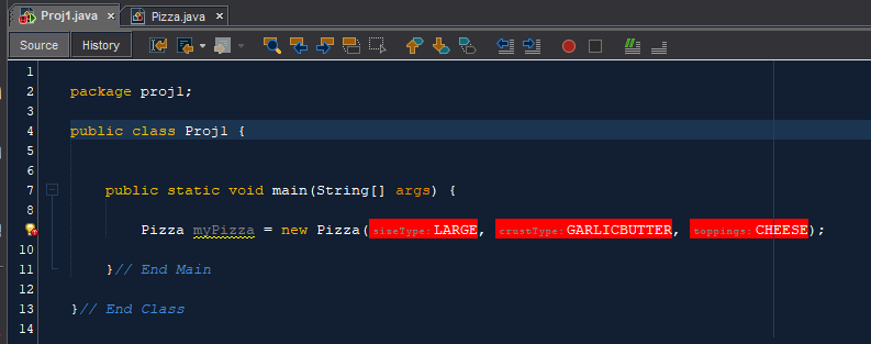 an output that says what the pizza is ("This pizza has a