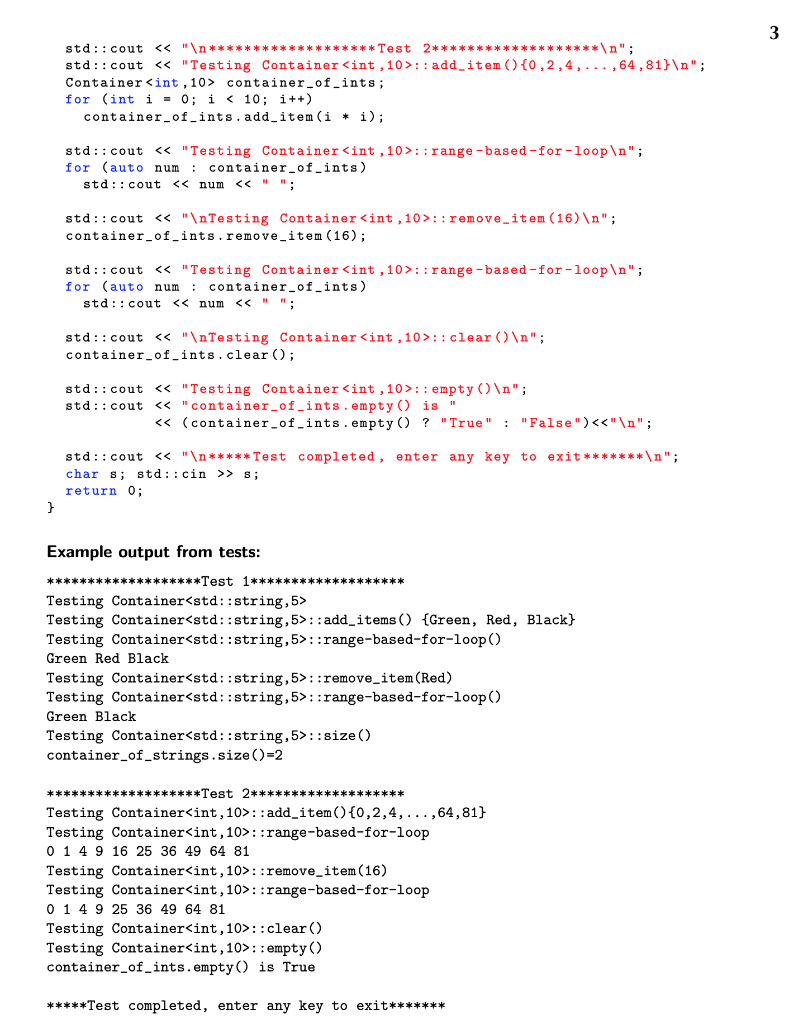 Type (ADT) called a Container. The interface has two private member variables,