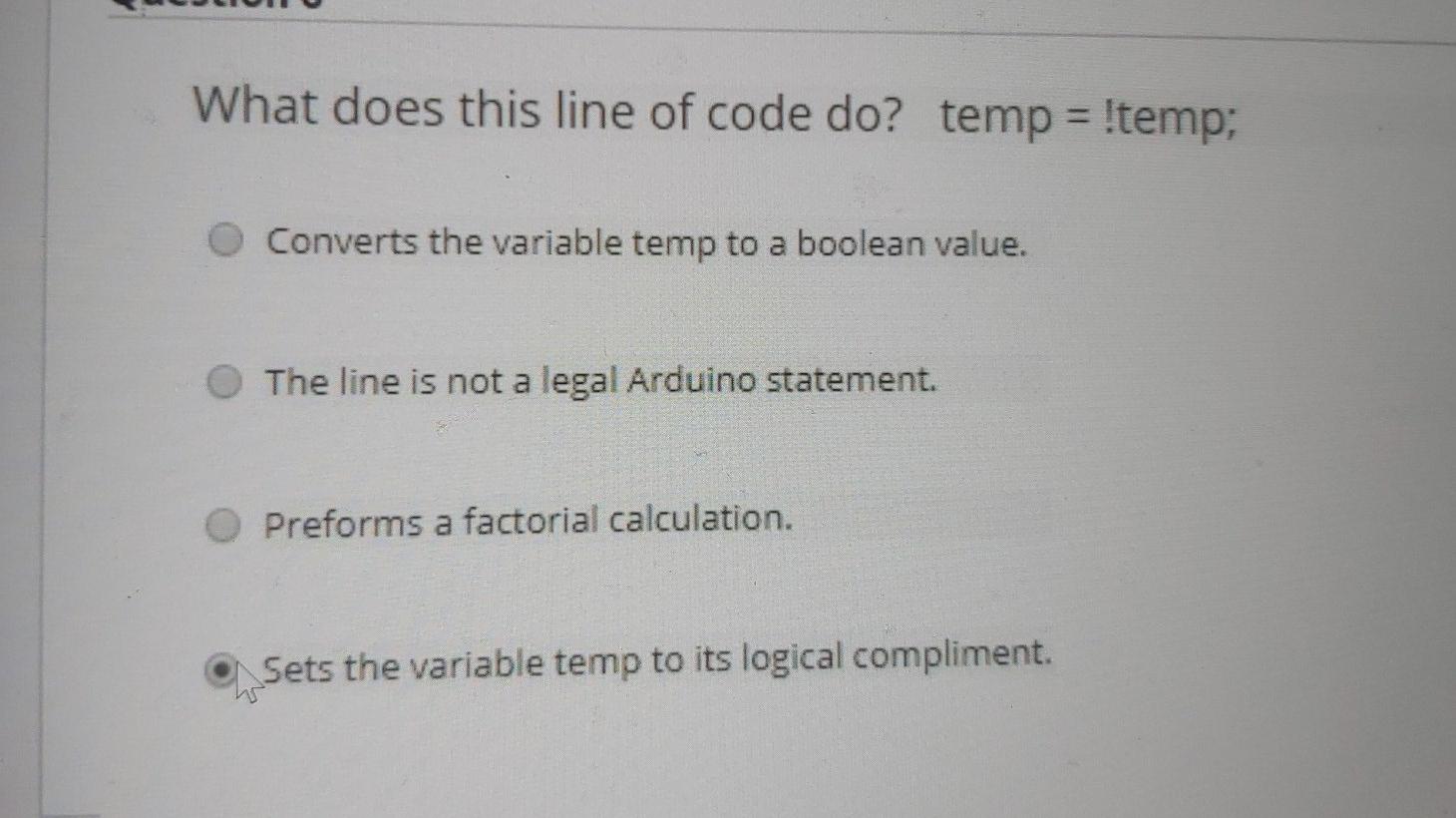 What does this line of code do? temp = !temp; Converts