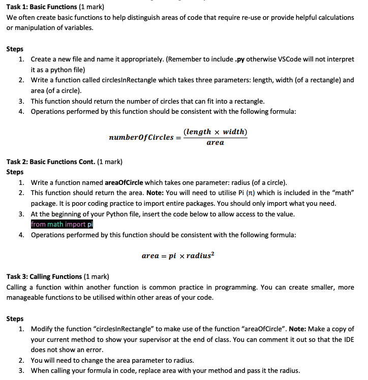  Task 1: Basic Functions (1 mark) We often create basic functions
