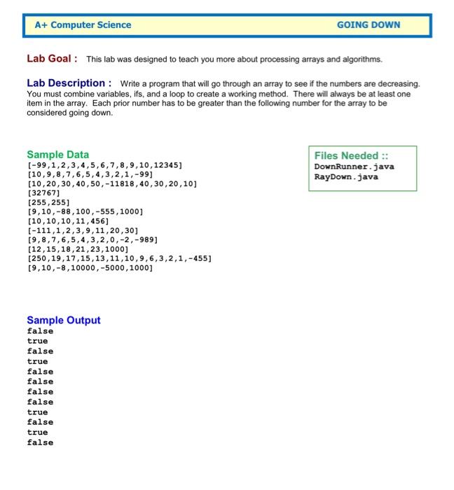  A+ Computer Science GOING DOWN Lab Goal : This lab was