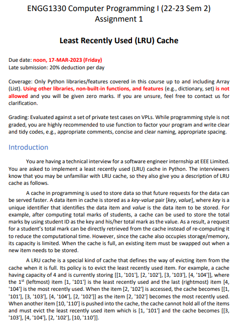  ENGG1330 Computer Programming I (22-23 Sem 2) Assignment 1 Least Recently